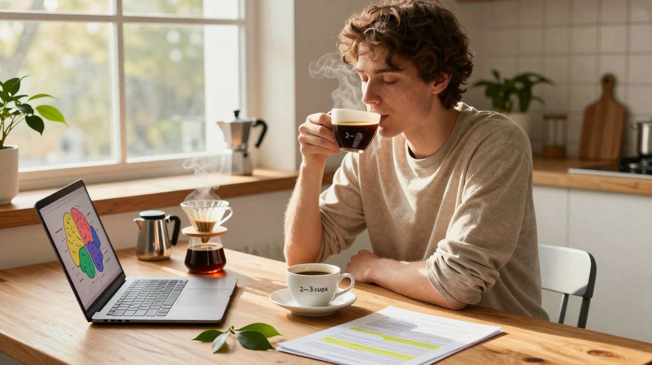 Jovem sentado à mesa bebendo café com laptop aberto mostrando ilustração colorida de cérebro.