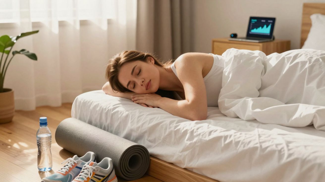 Mulher dormindo de lado na cama branca, com tapete de yoga, tênis e garrafa de água ao lado.