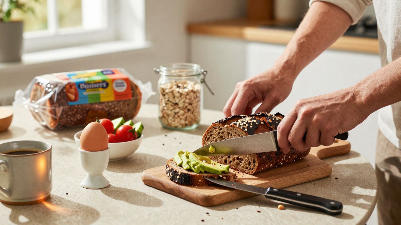 Pessoa cortando pão integral com abacate em tábua, ovo cozido, tomate, café e pote de aveia na mesa.