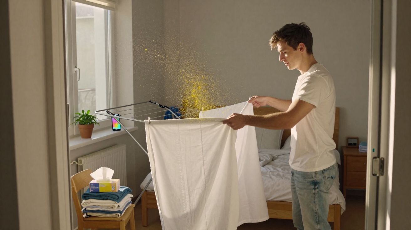 Jovem tirando pó de lençol branco em quarto com cama e janela ao fundo.