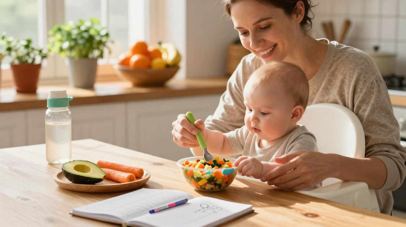 Mãe alimentando bebê na cadeira de alimentação com salada, sobre mesa com alimentos e caderno.