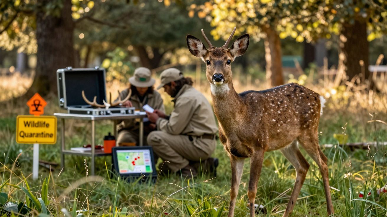 Veado diante de pesquisadores em quarentena de vida selvagem em área arborizada durante o dia.