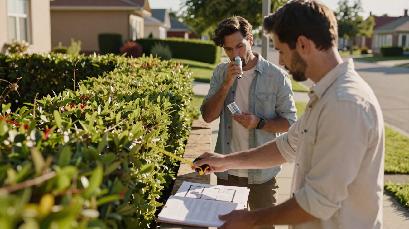 Dois homens medem e analisam plantas em uma cerca viva em área residencial ensolarada.