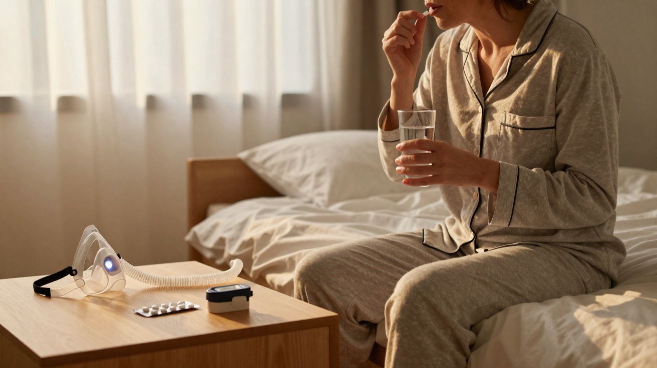 Pessoa em pijama sentada na cama tomando comprimido com copo de água em quarto iluminado pela manhã.