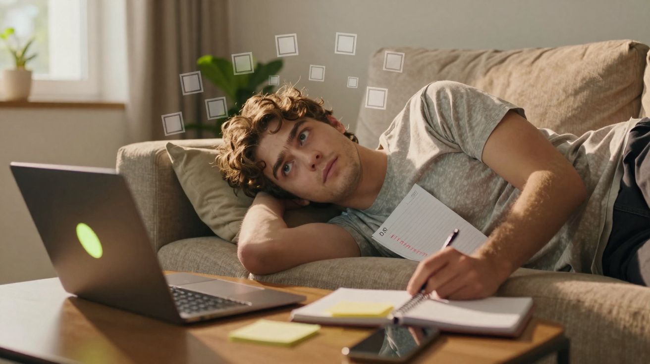 Jovem deitado no sofá, pensando e escrevendo em caderno, com laptop e celular sobre mesa próxima.