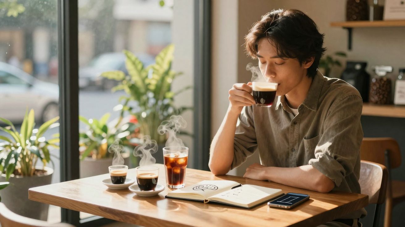 Pessoa jovem em café, segurando xícara de café quente, com caderno aberto e celular sobre a mesa.