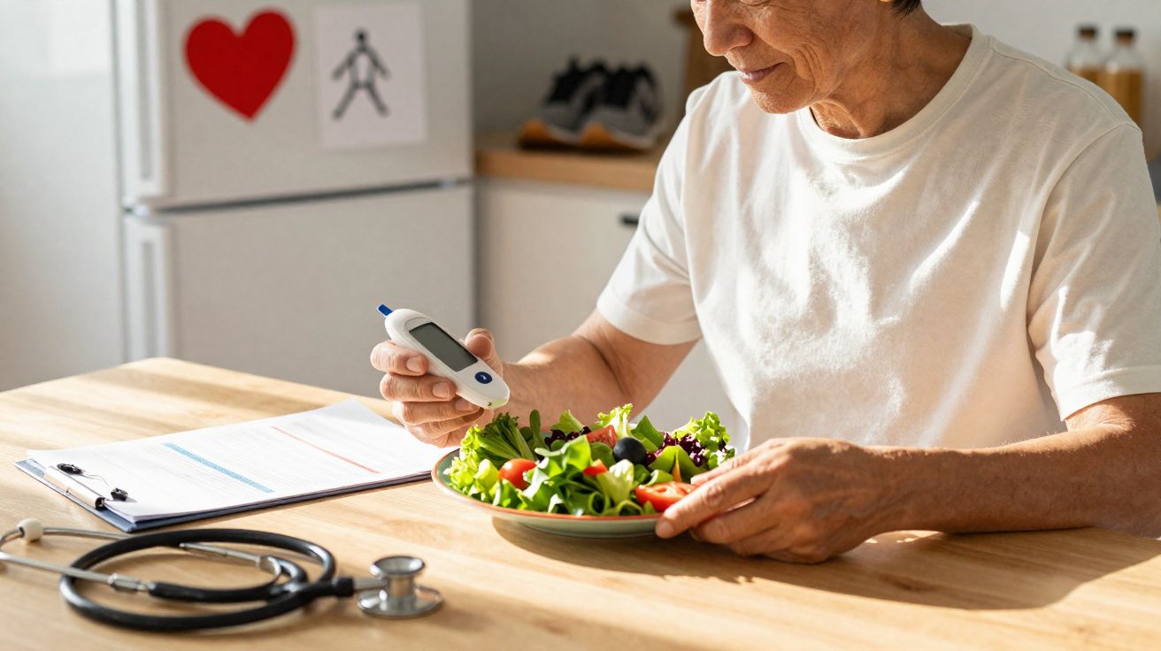 Pessoa usando medidor de glicose ao lado de prato com salada, estetoscópio e documentos sobre mesa.