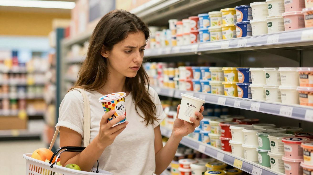 Mulher avaliando dois potes de iogurte na seção de laticínios de um supermercado.