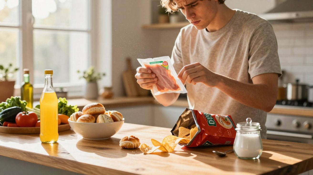 Jovem lendo embalagem de presunto enquanto segura pacote aberto de salgadinho em cozinha iluminada.
