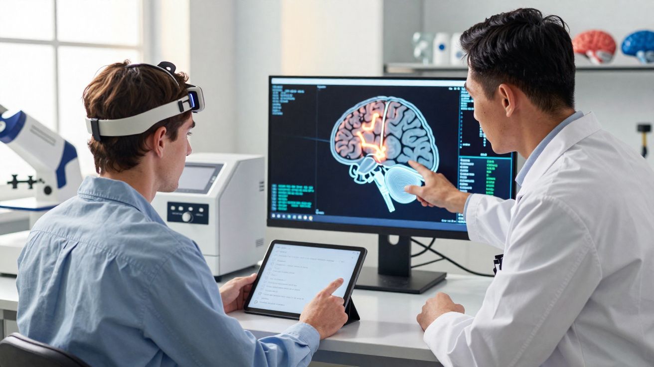 Paciente usando dispositivo na cabeça consulta neurologista que analisa imagens digitais do cérebro.