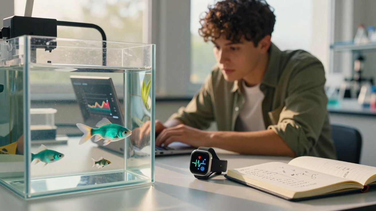 Homem jovem estudando com aquário de peixes, relógio inteligente e caderno aberto na mesa.