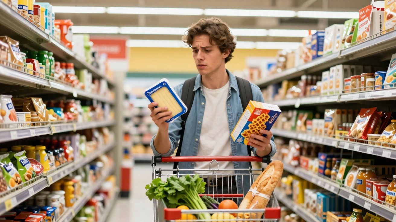 Homem jovem analisa embalagem de comida no corredor de supermercado com carrinho cheio de compras.