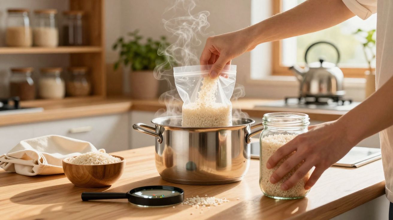Pessoa cozinhando arroz em saco plástico dentro de panela com vapor em cozinha iluminada natural.