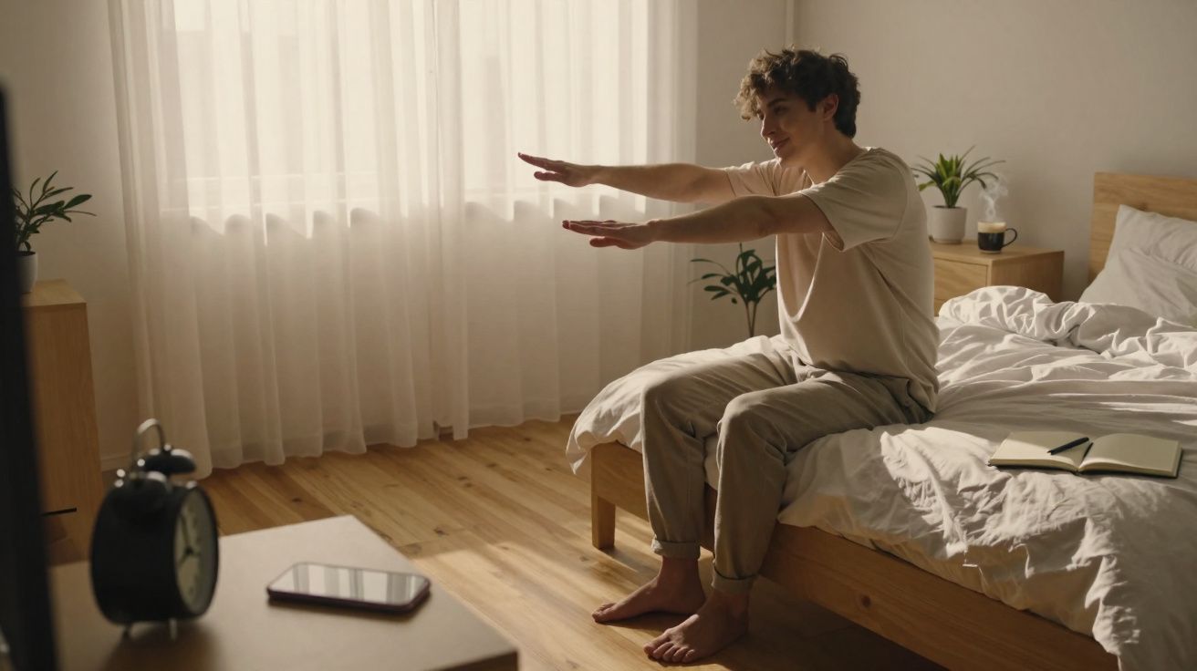 Jovem sentado na cama fazendo alongamento matinal em quarto iluminado pela luz natural.