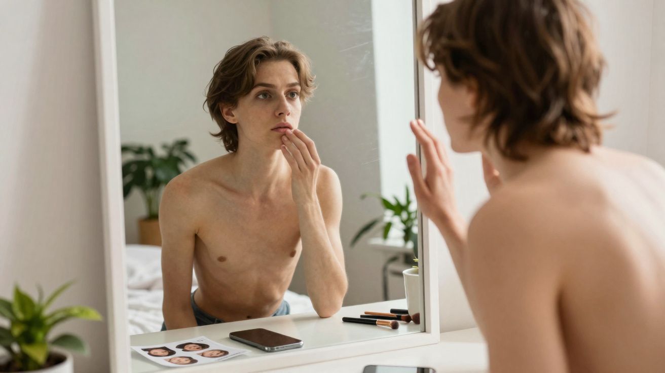 Jovem sem camisa observando o próprio rosto no espelho em quarto com plantas e objetos sobre a mesa.