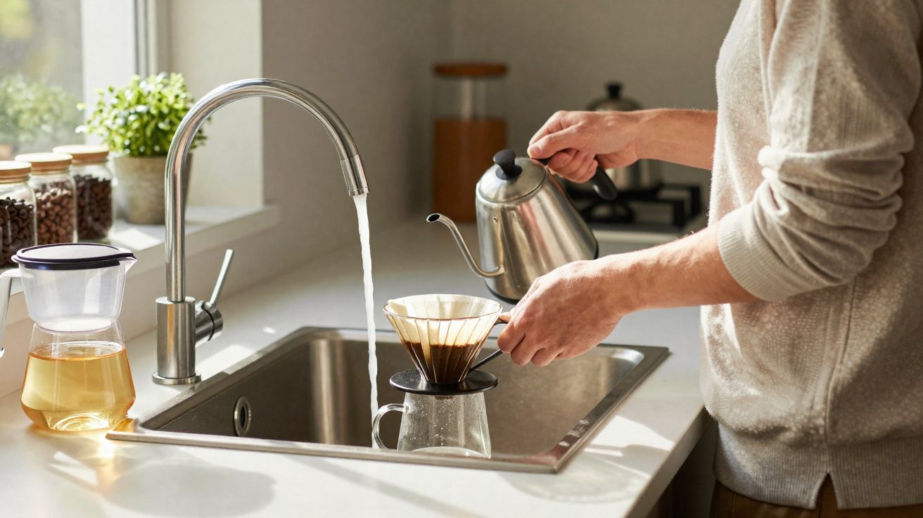 Pessoa preparando café coado com chaleira e filtro de vidro sobre pia de cozinha iluminada.