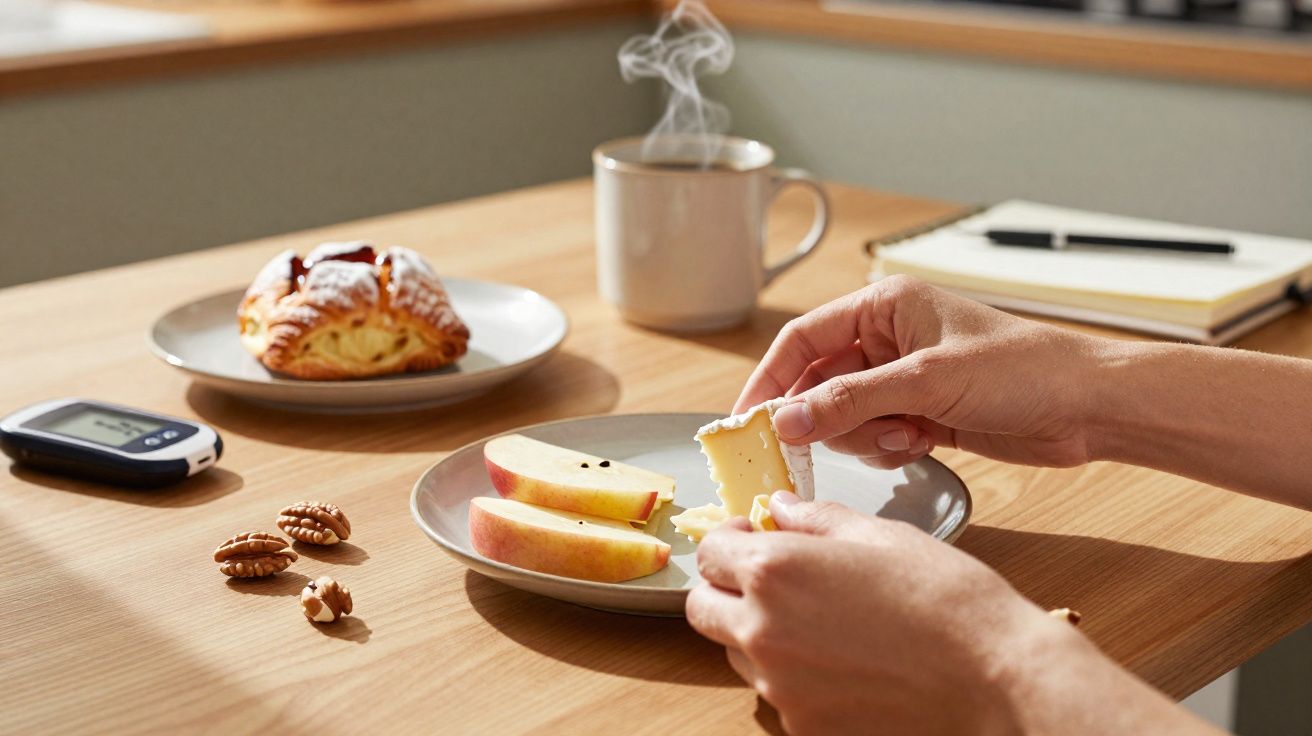 Pessoas segurando queijo com fatias de maçã, nozes, xícara de café com vapor e croissant sobre mesa.