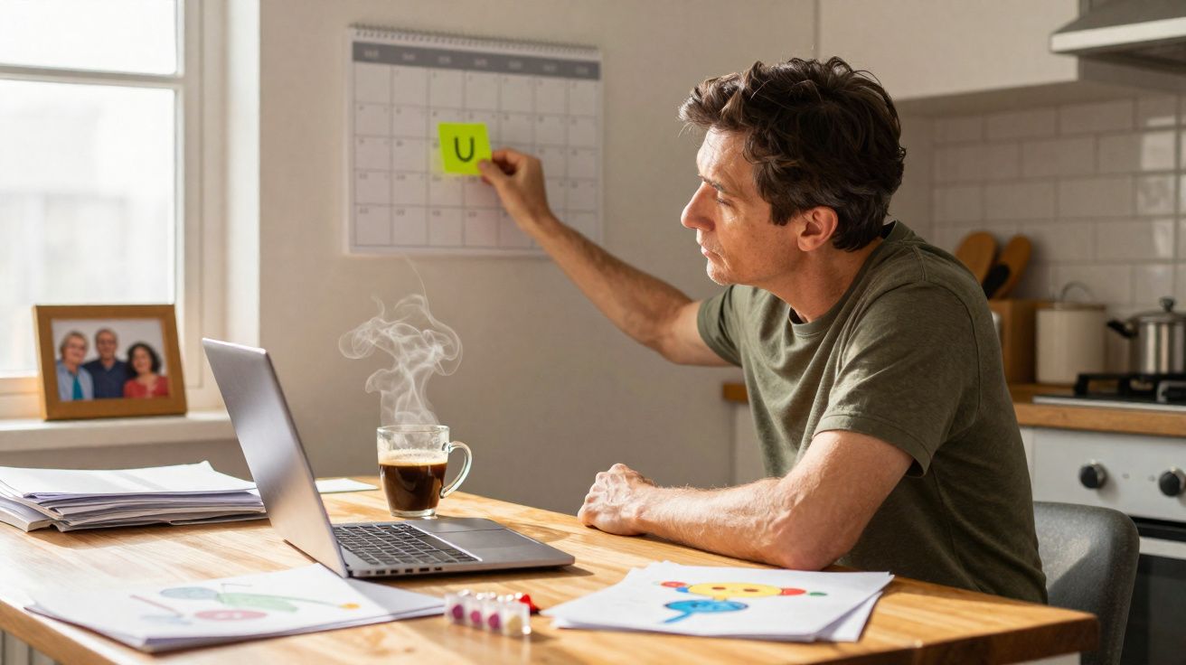 Homem sentado à mesa com laptop, colocando post-it amarelo no calendário na parede da cozinha.
