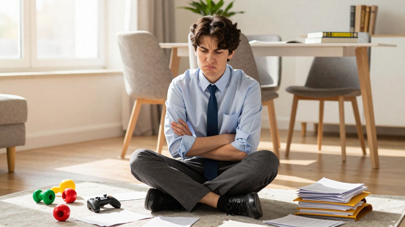 Jovem vestido formal sentado no chão com expressão frustrada, cercado de papéis e brinquedos.