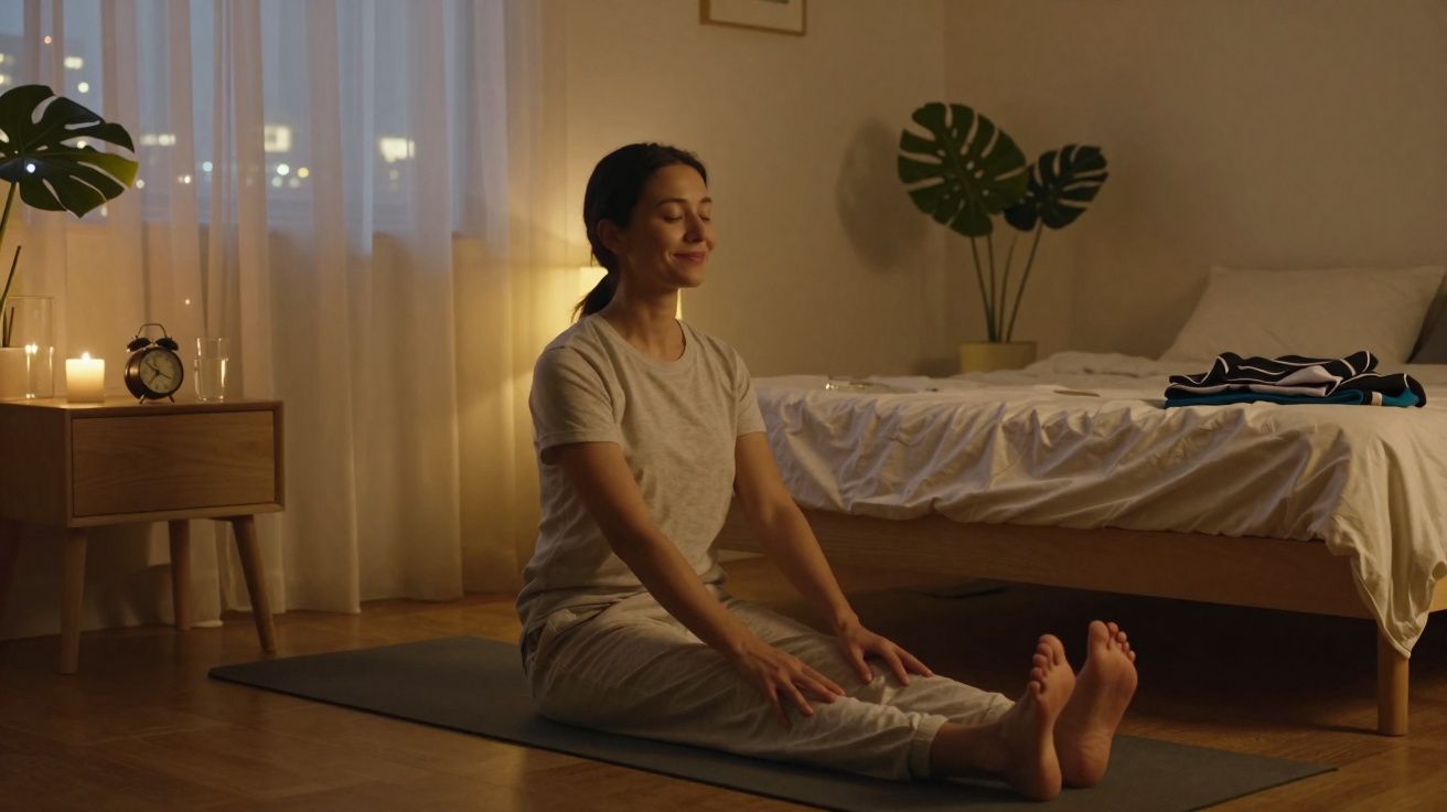 Mulher sentada em tapete de yoga meditando com olhos fechados em quarto com luz suave e velas acesas.