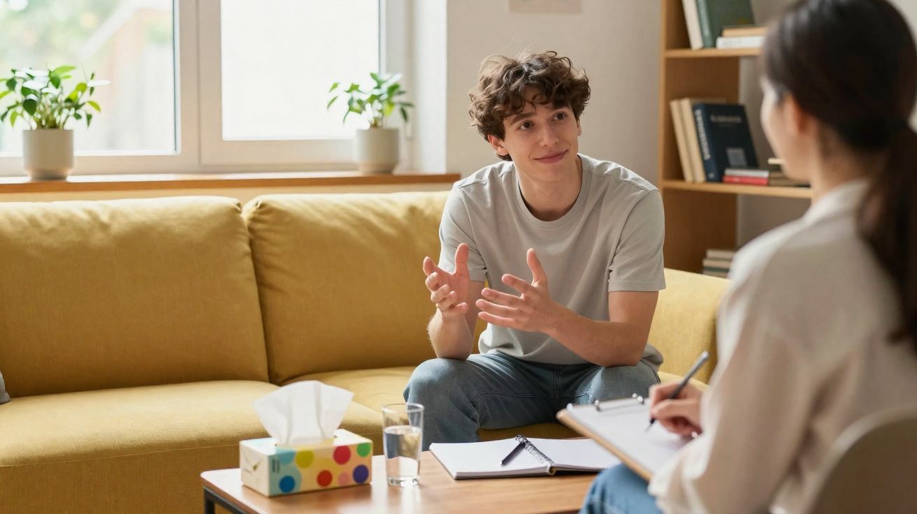 Jovem conversando e gesticulando durante sessão com terapeuta em ambiente acolhedor.