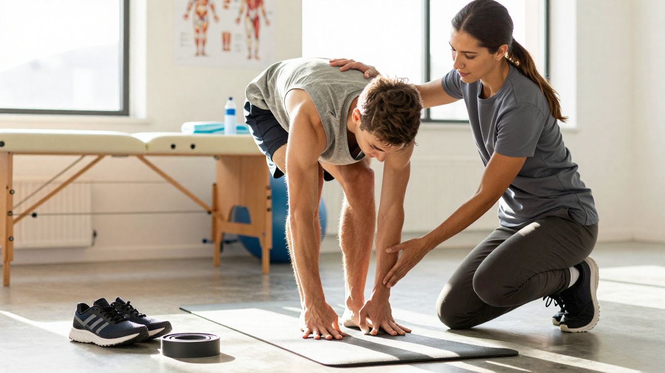 Fisioterapeuta auxiliando homem em alongamento de pernas sobre tapete em clínica iluminada.