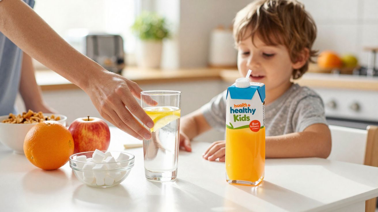Criança sentada à mesa com suco de laranja, frutas e mão segurando copo com água e limão.