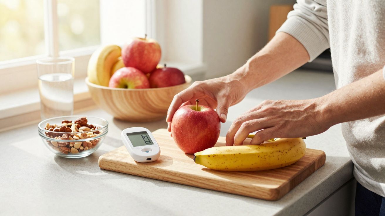 Pessoa segura maçã vermelha e banana ao lado de glicosímetro e castanhas em bancada de cozinha iluminada.