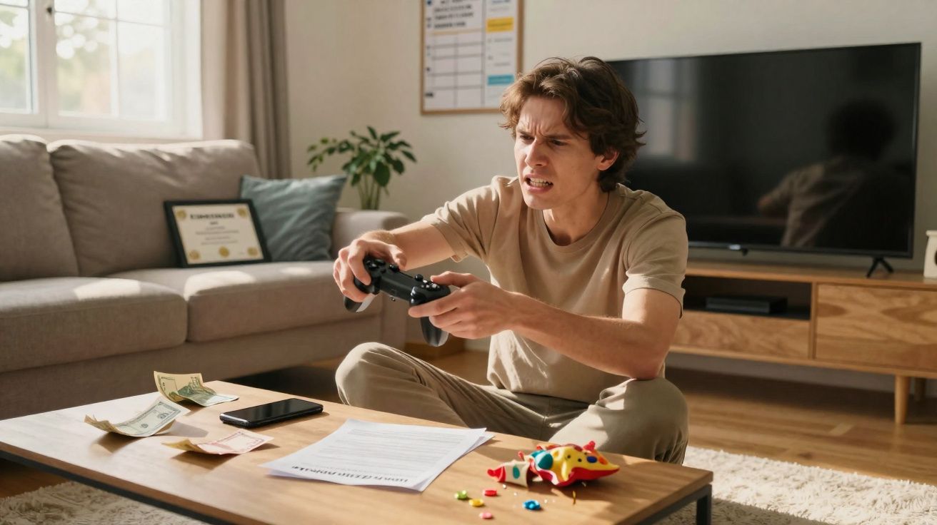 Jovem frustrado jogando videogame sentado no chão da sala com documentos e dinheiro na mesa à sua frente.