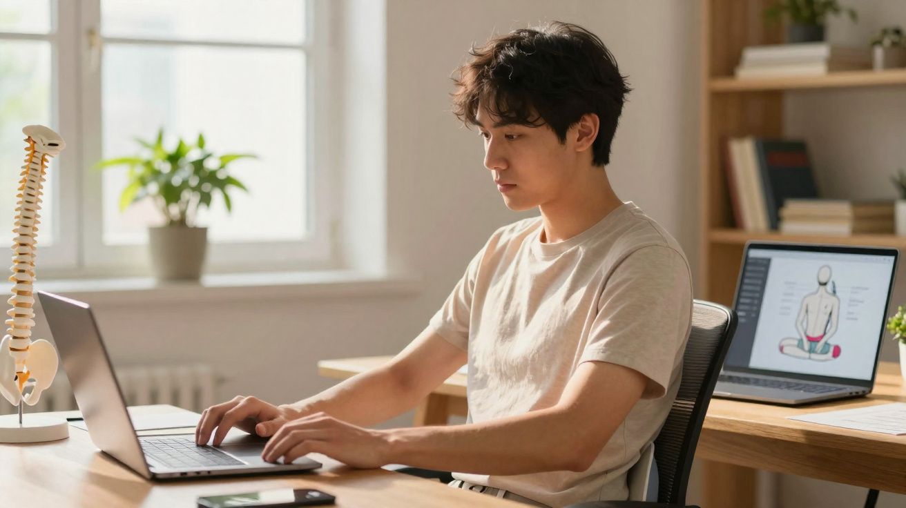 Jovem sentado em escritório iluminado trabalhando em laptop ao lado de modelo de coluna vertebral e tela com ilustração médic