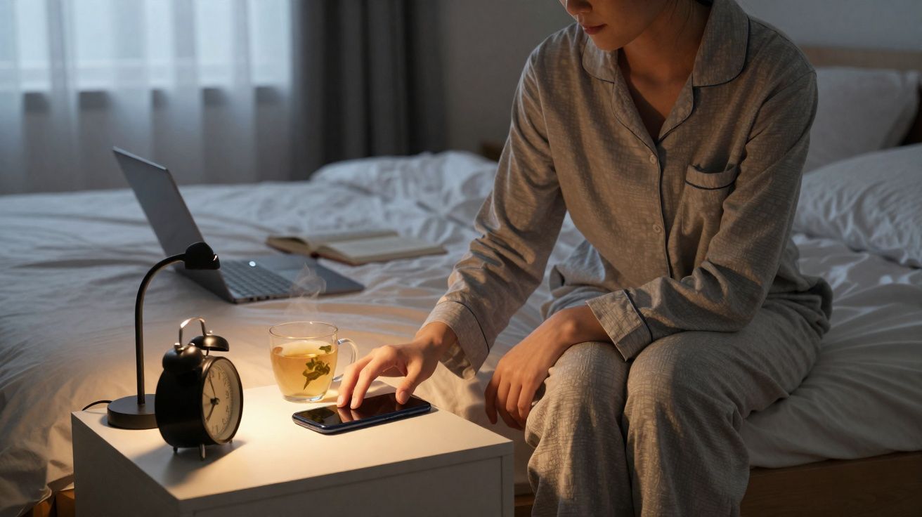 Mulher de pijama sentada na cama usando celular ao lado de laptop, xícara de chá e relógio despertador.