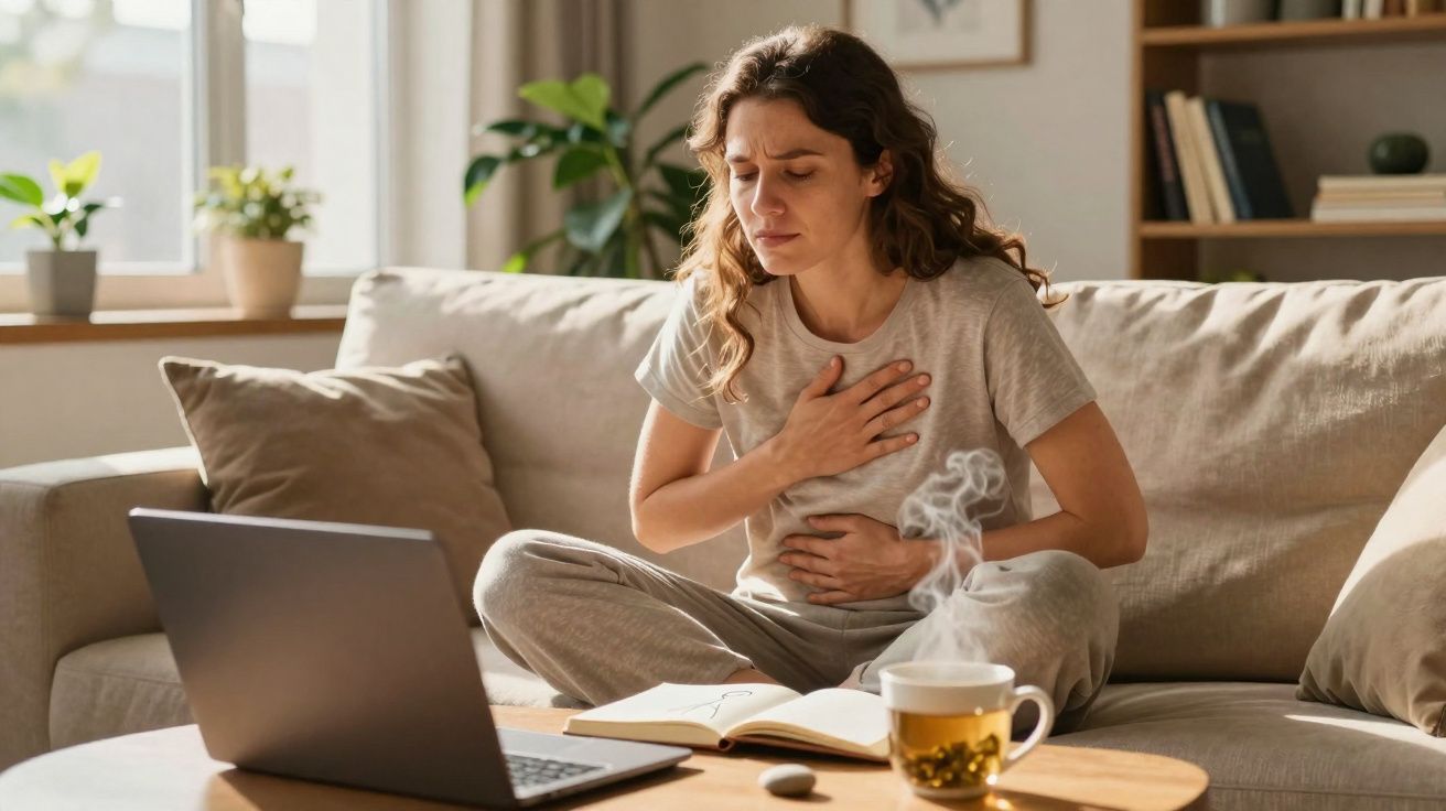 Mulher sentada no sofá com expressão de dor, segurando peito e estômago, com laptop e chá à frente.
