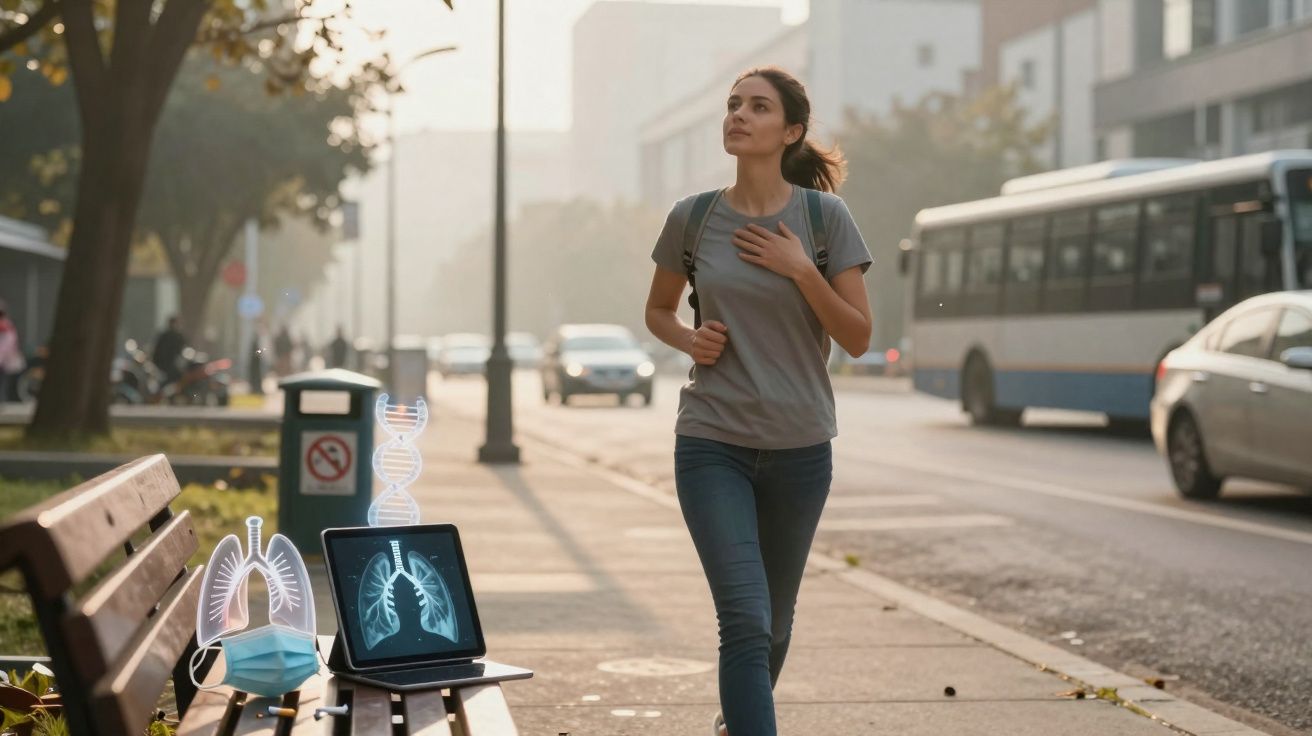 Mulher caminhando na calçada de cidade, com imagens digitais de pulmões e DNA sobre banco próximo.