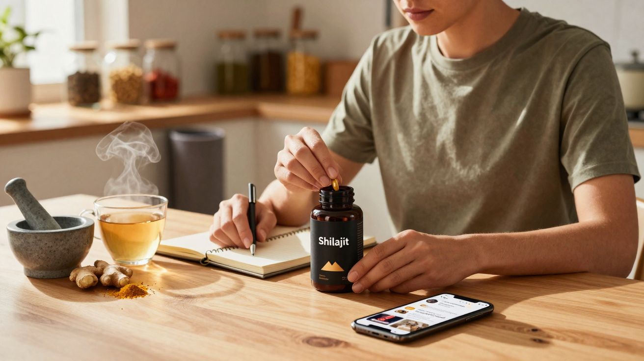 Pessoa segurando cápsula de suplemento Shilajit, escrevendo em caderno, com chá e smartphone sobre mesa de madeira.