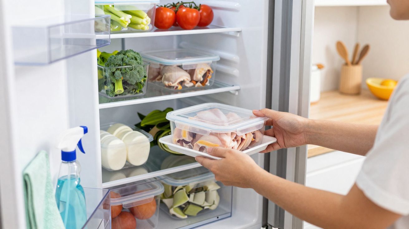 Pessoa organizando alimentos frescos em potes plásticos transparentes dentro de uma geladeira branca.