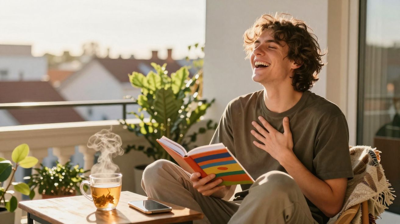 Jovem sorrindo e lendo livro colorido em varanda com xícara de chá e plantas ao fundo.