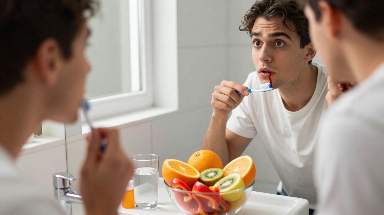 Homem surpreso com sangue na boca ao escovar os dentes no banheiro, com frutas na pia.