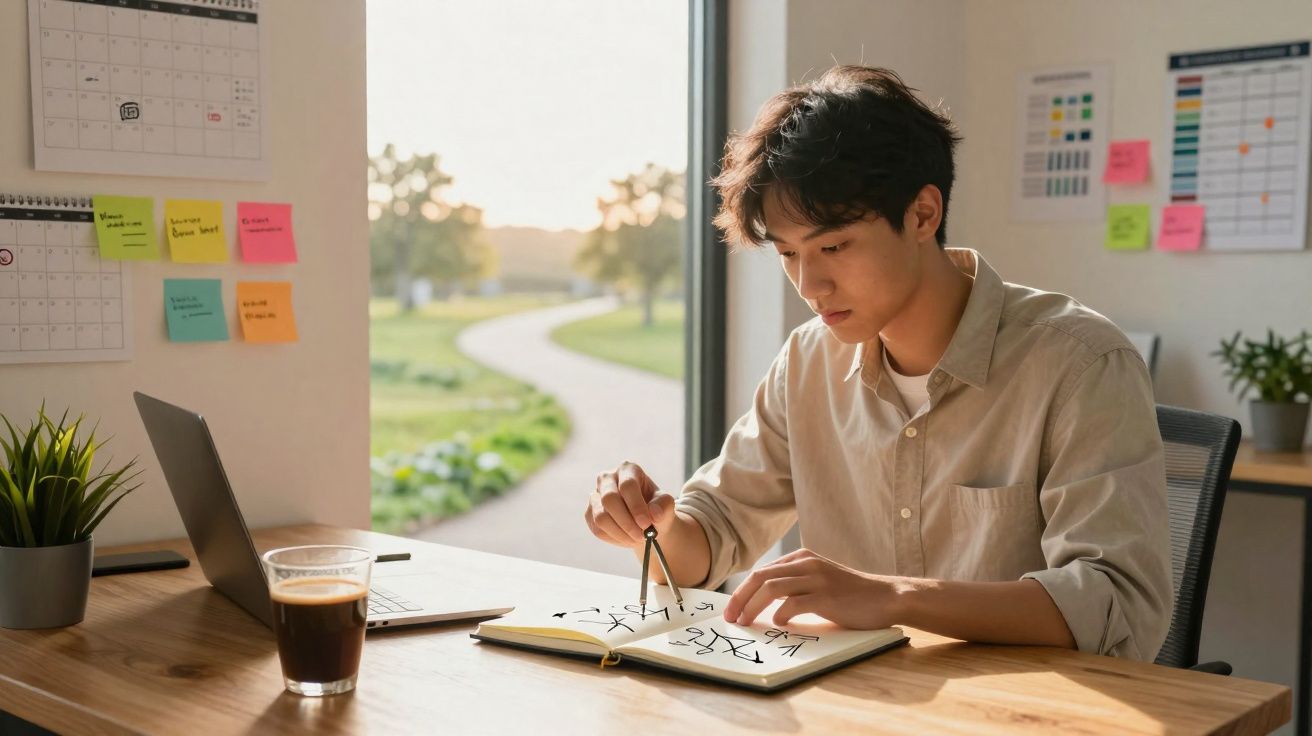 Jovem sentado à mesa usando compasso para desenhar em caderno com laptop e café perto da janela.