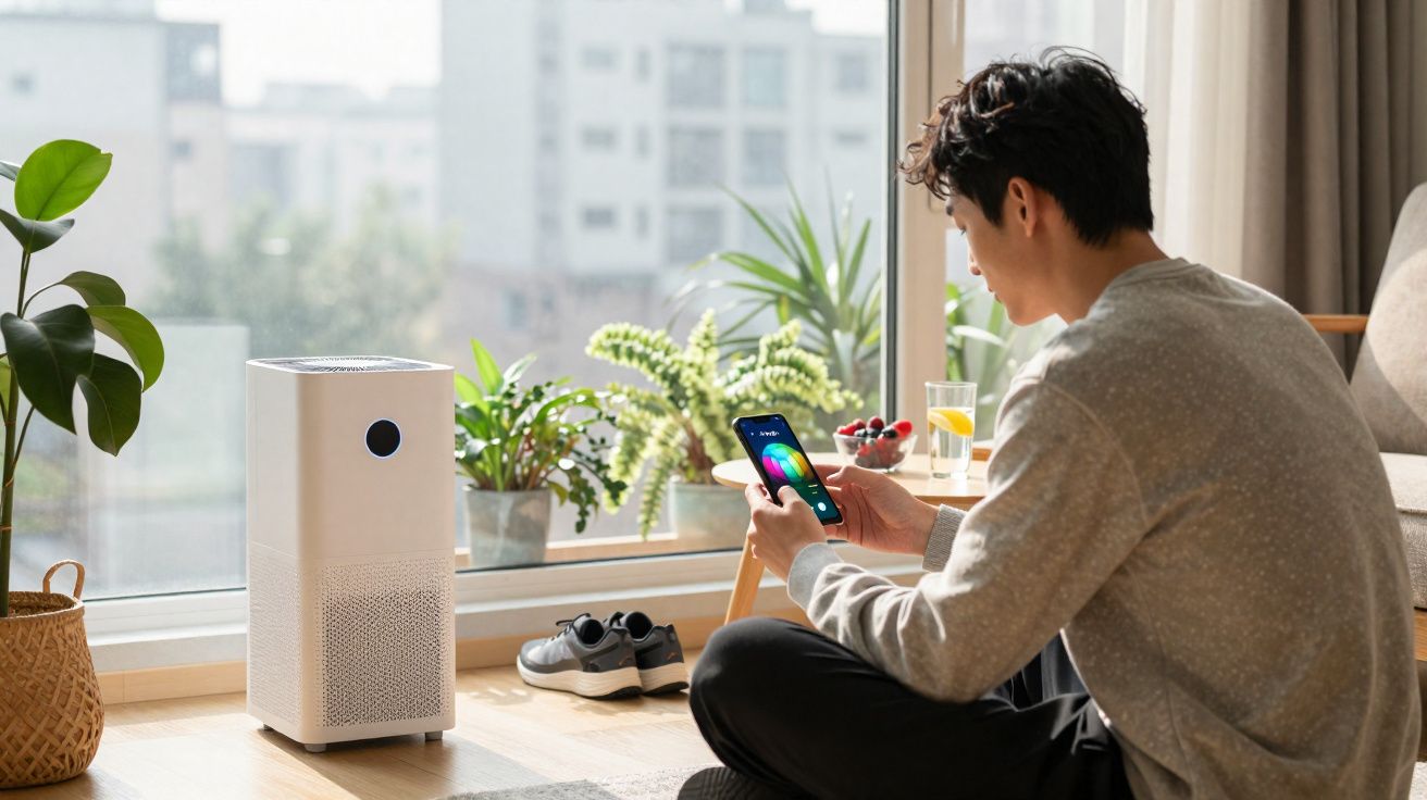 Homem sentado no chão de sala iluminada controla purificador de ar com aplicativo no celular.