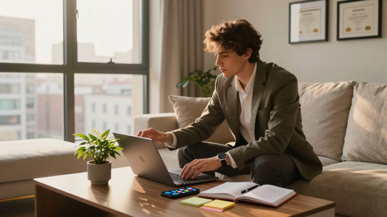 Jovem vestido formal trabalha em laptop sentado em sofá, com caderno, celular e planta na mesa à sua frente.