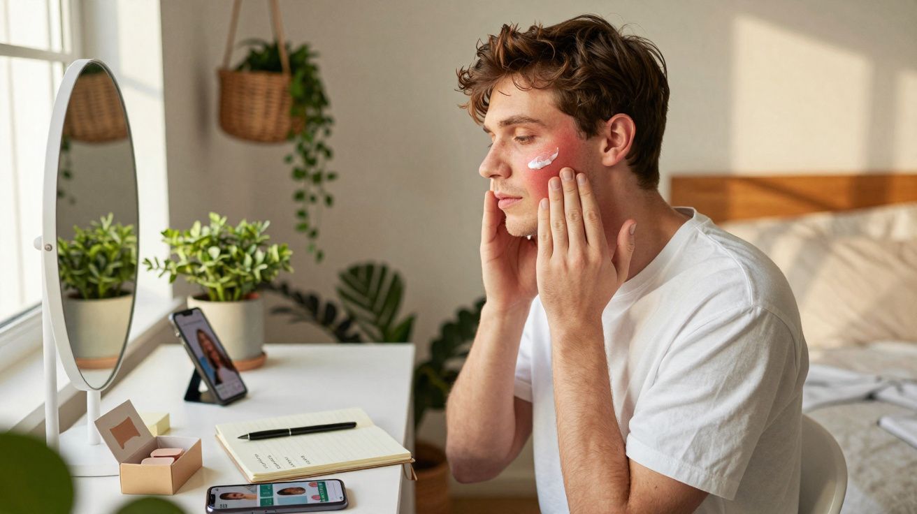 Homem jovem aplicando creme no rosto sentado à mesa com espelho e celular em um quarto iluminado.