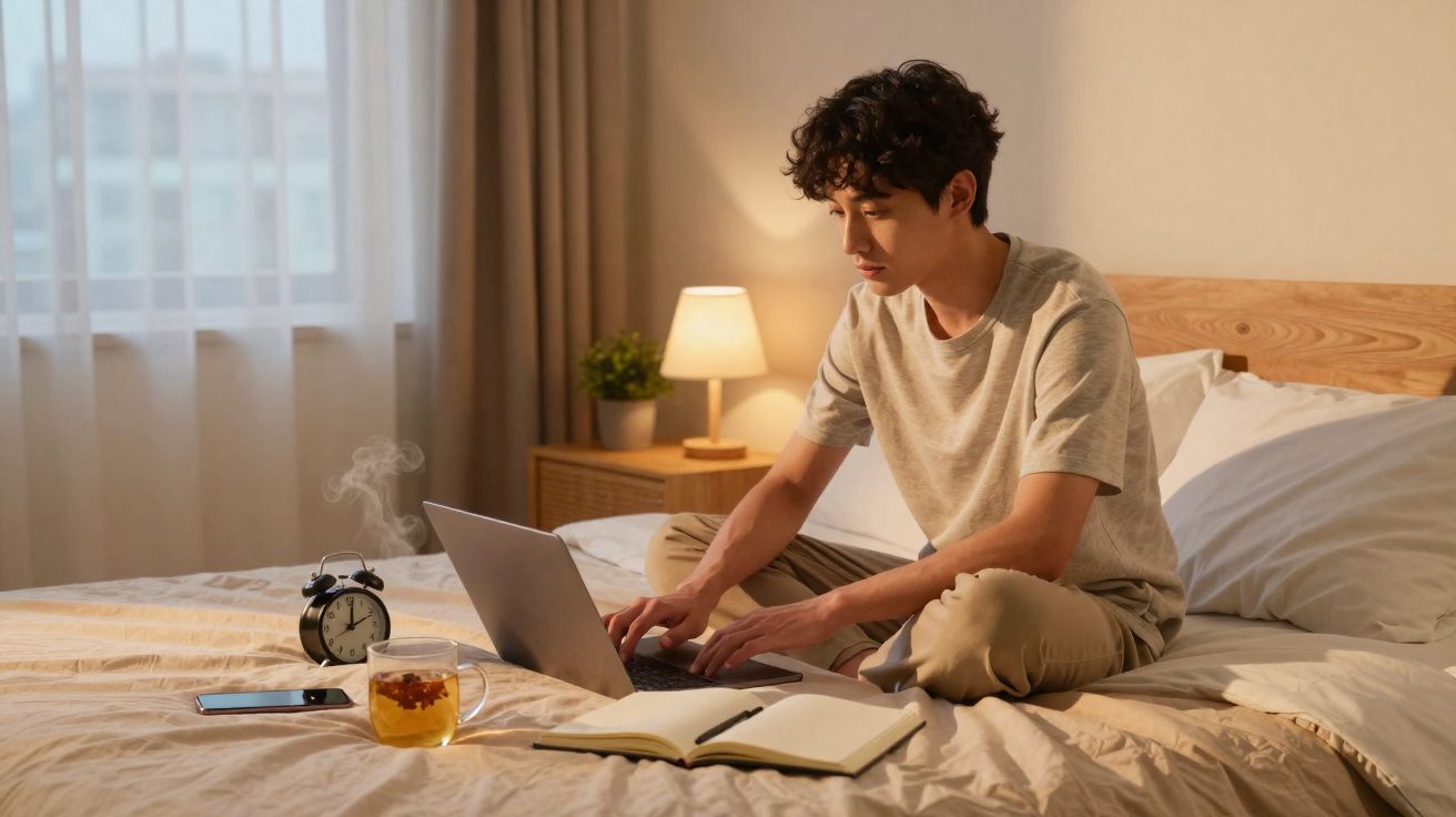 Jovem sentado na cama usando laptop, com livro aberto, xícara de chá e despertador ao lado.