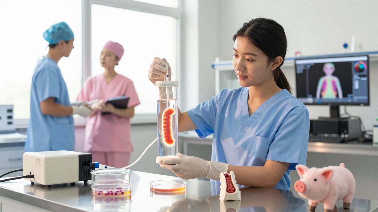 Mulher científica em laboratório segurando recipiente com órgão em líquido, com duas pessoas ao fundo.