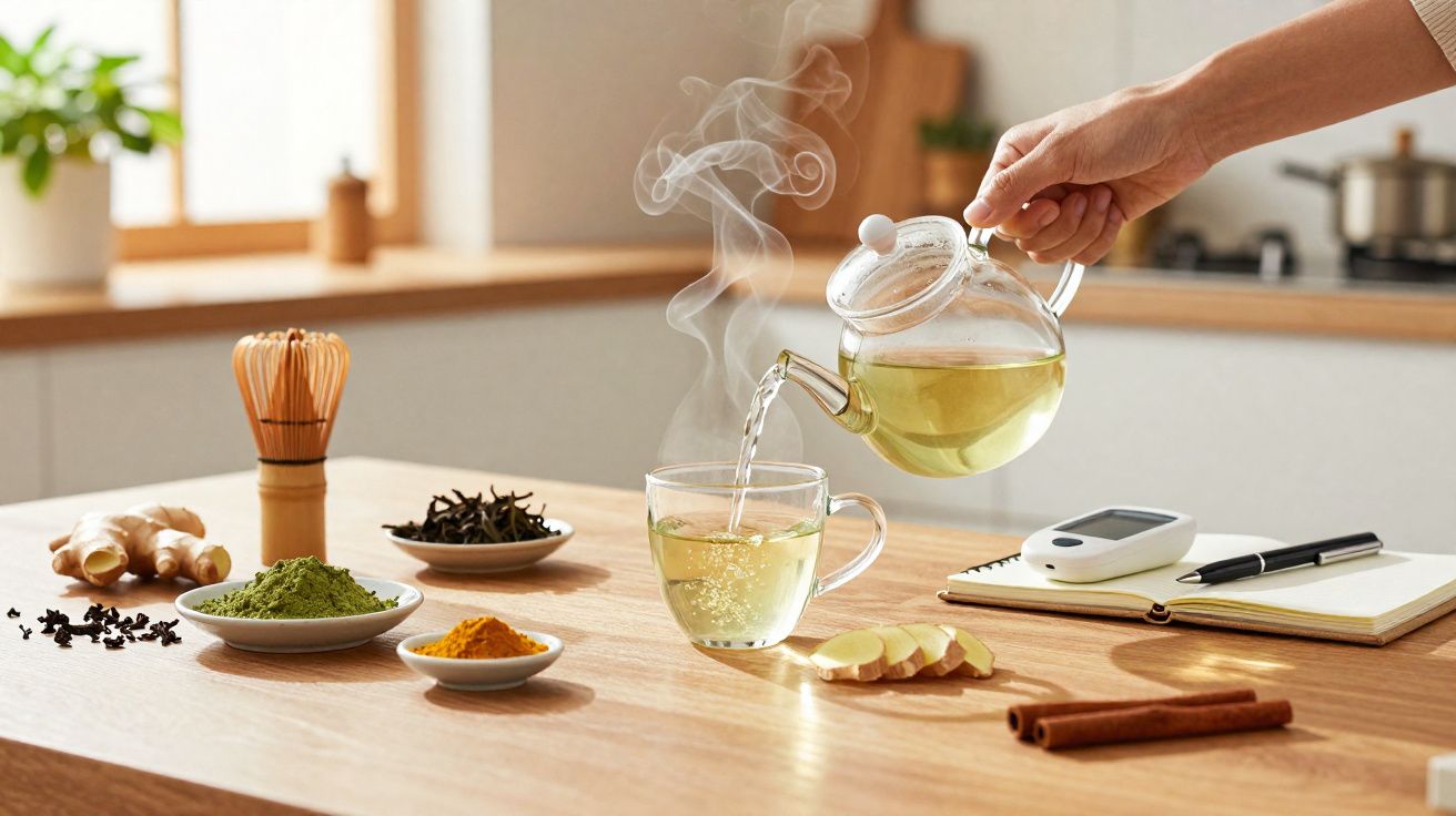 Pessoa despejando chá quente em xícara de vidro, com especiarias e ingredientes naturais sobre mesa de madeira.