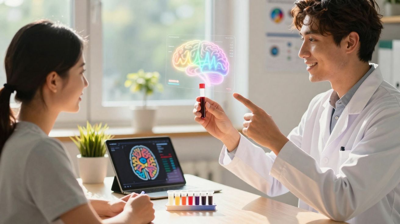 Médico e paciente discutem pesquisa cerebral com tubo de ensaio e holograma do cérebro colorido em consultório.