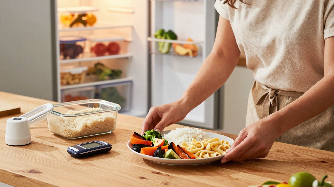 Pessoa organizando prato com arroz, legumes e macarrão em cozinha com geladeira aberta ao fundo.