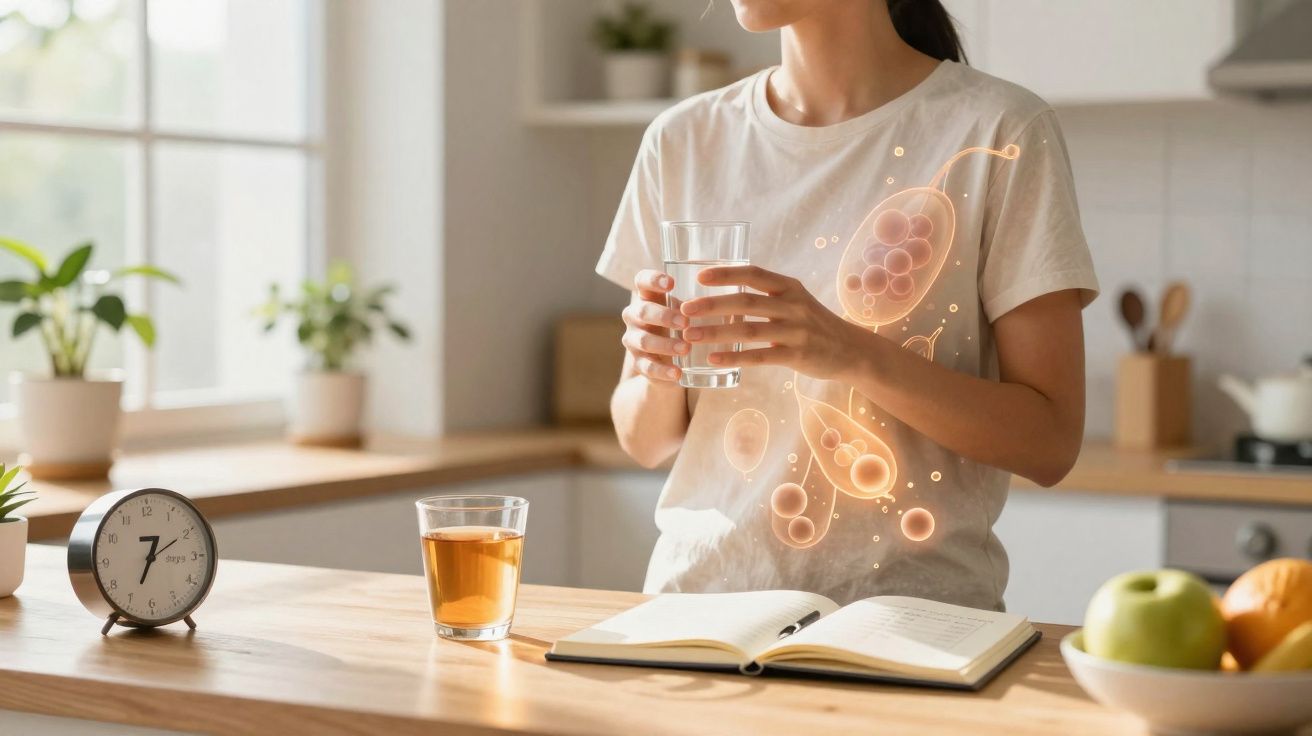 Mulher segura copo de água na cozinha com livro aberto e ilustração digital do sistema digestivo.