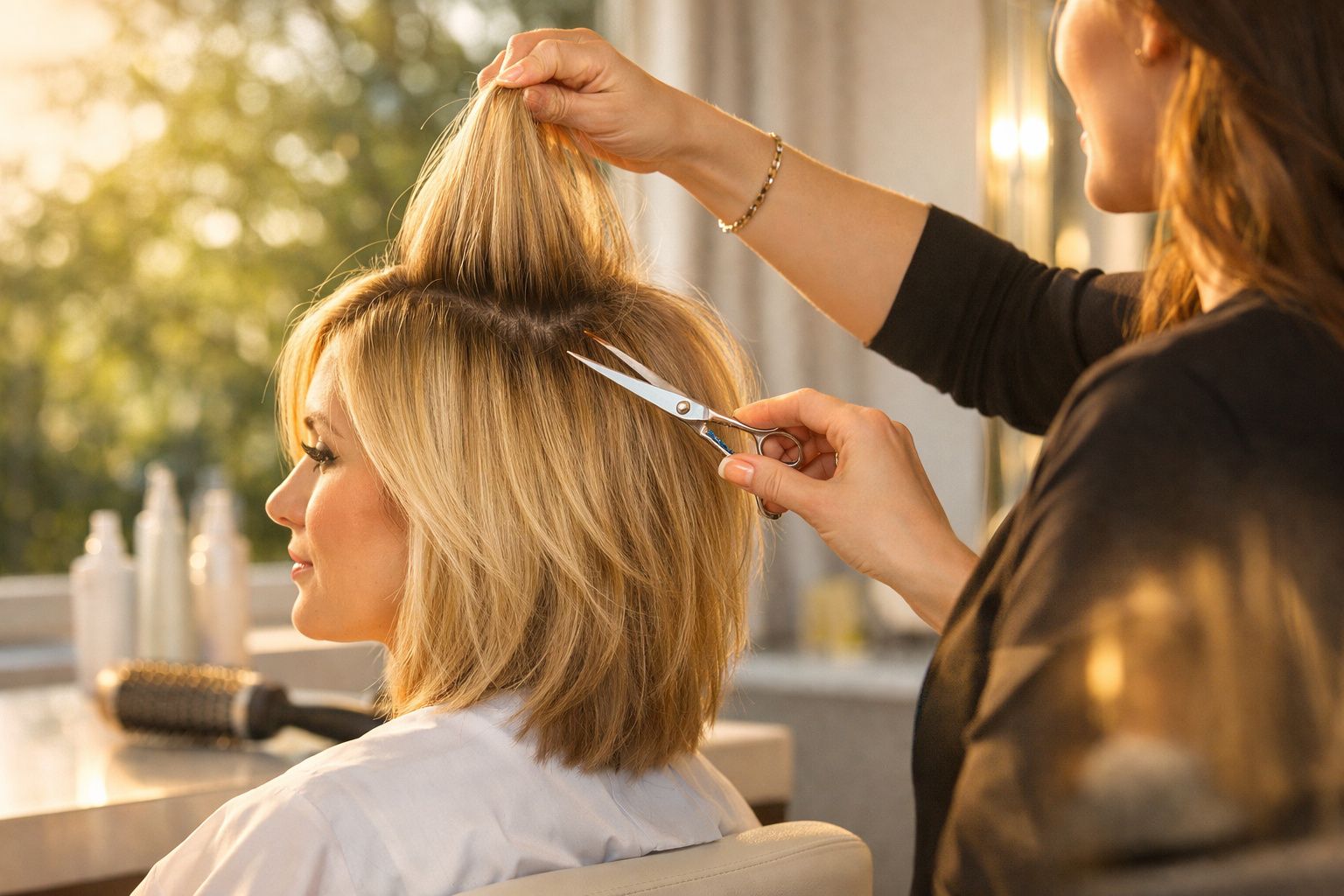 Cabeleireira cortando o cabelo loiro de uma mulher em salão iluminado pela luz natural.