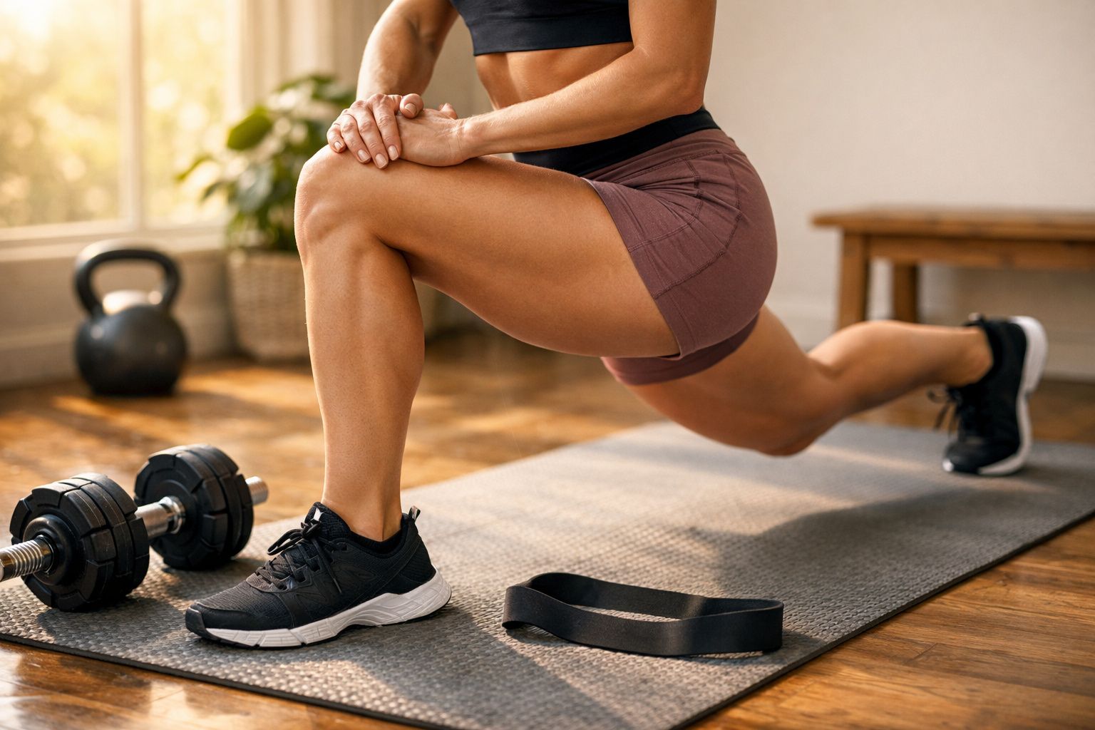 Pessoa fazendo exercício de alongamento com halteres e faixa elástica no chão.