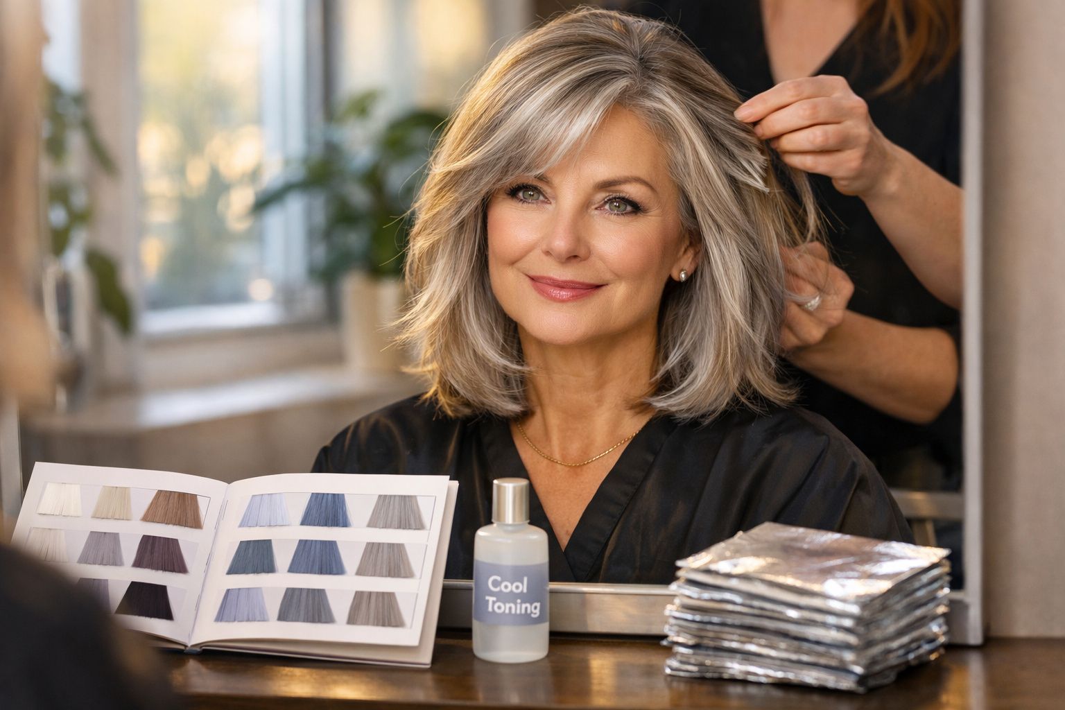 Mulher loira de meia-idade sorrindo em salão de beleza com amostras de tonalizantes e produto Cool Toning.